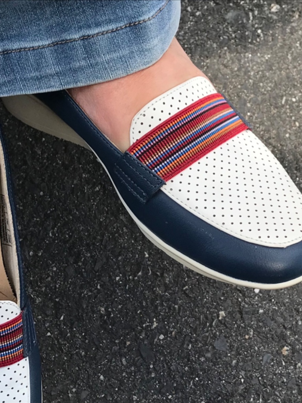 Revere 7 comfort leather Blue French, white, red stripe detail wedge shoes